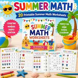 Peut inclure: Un ensemble de 20 fiches d'exercices de mathématiques d'été imprimables pour la maternelle avec des graphismes colorés sur le thème de la plage comme des châteaux de sable, des crabes et des ballons. Inclut comptage, traçage et addition.