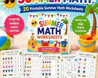 Paquete de actividades de matemáticas de verano para jardín de infancia / 20 hojas de trabajo imprimibles