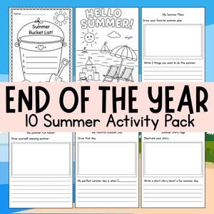 Puede incluir: Un paquete de actividades de verano imprimible en blanco y negro con el texto "END OF THE YEAR 10 Summer Activity Pack". El paquete incluye páginas con indicaciones como "Summer Bucket List!" y "Hello Summer!" con ilustraciones.