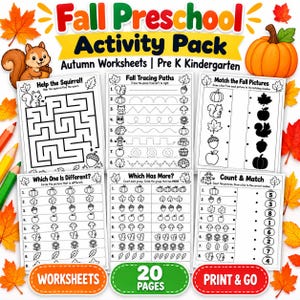 May include: A Fall Preschool Activity Pack featuring 20 pages of autumn-themed worksheets. The collection includes black and white activity sheets with mazes, tracing paths, matching games, counting exercises, and pattern recognition tasks for children.