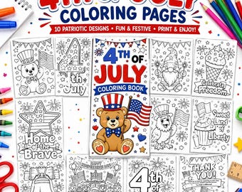 Kleurplaten 4 juli voor kinderen: 10 keer | Afdrukbaar patriottisch kleurboek | Gemakkelijke zomerkleurplaten VS | Pdf direct downloaden