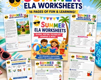 Paquete de repaso de verano para cuarto grado: hojas de trabajo y actividades de matemáticas y lengua y literatura.