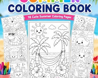 Dibujos para colorear de verano para niños: Libro para colorear de playa y océano (18 páginas)