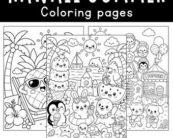 Dibujos para colorear de verano estilo kawaii para niños / Lindas páginas para colorear de playa y helados / Divertido libro de actividades de verano para niños pequeños