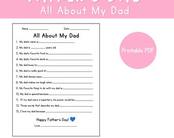 Cuestionario imprimible para el Día del Padre / Actividad de escritura "Todo sobre mi papá"