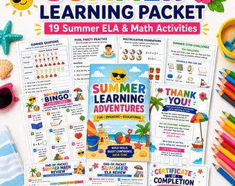 Paquete de aprendizaje de verano para alumnos de 1.º a 3.º grado: hojas de trabajo de repaso de Lengua y Literatura y Matemáticas.