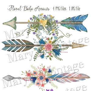 May include: Four watercolor boho arrows with floral accents. Each arrow features a different color scheme and floral arrangement. The arrows are perfect for adding a touch of bohemian style to your crafts and designs.