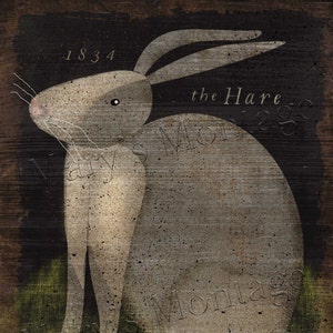 May include: A vintage-style illustration of a hare, set against a dark, textured background. The artwork features the text "1834" and "the Hare" in a rustic font. The hare is depicted in shades of gray and beige, with a touch of pink on its nose.