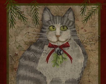Christmas Gray Cat, Folk art, 8x 10 printable download