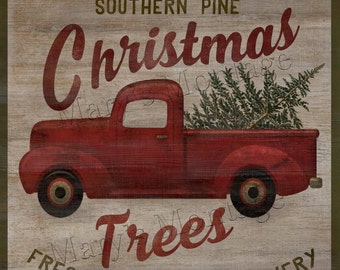 Southern Pine Christmas Trees, Retro style sign, 8x8, Printable download.
