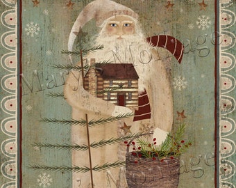 Log Cabin Santa, Printable download, 8x10