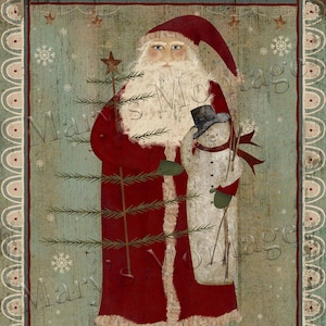 Primitive Santa with snowman, 8x10, printable download