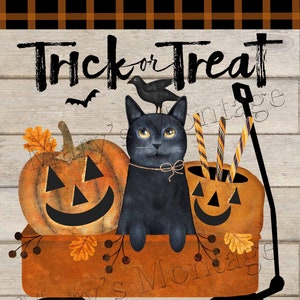 May include: A black cat sits in a red wagon with two jack-o'-lantern pumpkins and candy corn. The wagon has black wheels and the text "Trick or Treat" is written in black on a white wooden background.