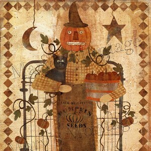 May include: A vintage-style illustration features a pumpkin-headed figure wearing a plaid shirt and apron. The apron reads "Jack-Be-Little Pumpkin Seeds". A black cat sits on the figure's arm, and the figure holds a basket of pumpkins. The background includes a gate, a star, and a crescent moon.