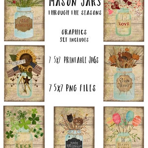 Mason Jar Graphics Set, Printable download, PNGs, 14 files included