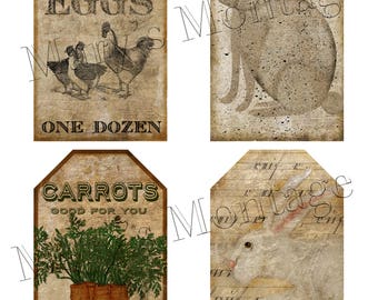 Primitive Printable Tags, Easter, Set of 4 print sheet