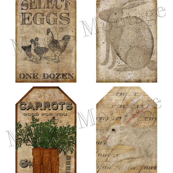 Primitive Printable Tags, Easter, Set of 4 print sheet