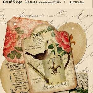 May include: Set of five vintage-style printable tags featuring a watering can, flowers, and French text. The tags are designed for use as gift tags, scrapbook embellishments, or other craft projects.