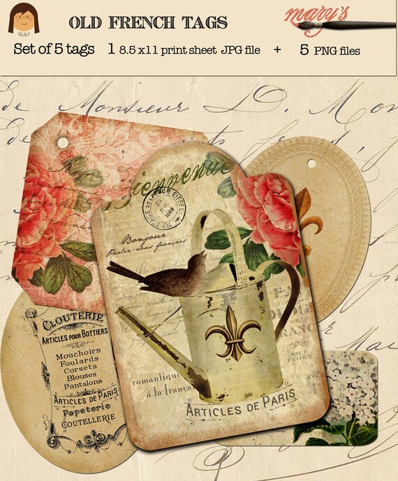 Old French Tags  8.5x11 print sheet JPG,  5PNG files, Download