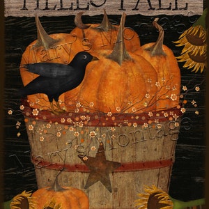 May include: A black crow perched on the rim of a wooden bucket filled with orange pumpkins and white flowers. The bucket has a brown star on the side and the text "Hello Fall" is on a wooden sign above the bucket.