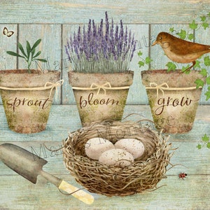 Puede incluir: Una ilustración rústica de estilo farmhouse con tres plantas en maceta con las palabras "sprout", "bloom" y "grow" en las macetas. Un pájaro se posa en una maceta y un nido con huevos está en primer plano. Una pequeña pala está en el suelo de madera.