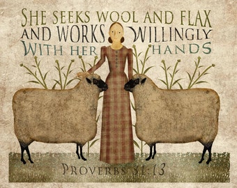 Primitive folk Art, Wool and Flax Art, 8.5x11, download, print