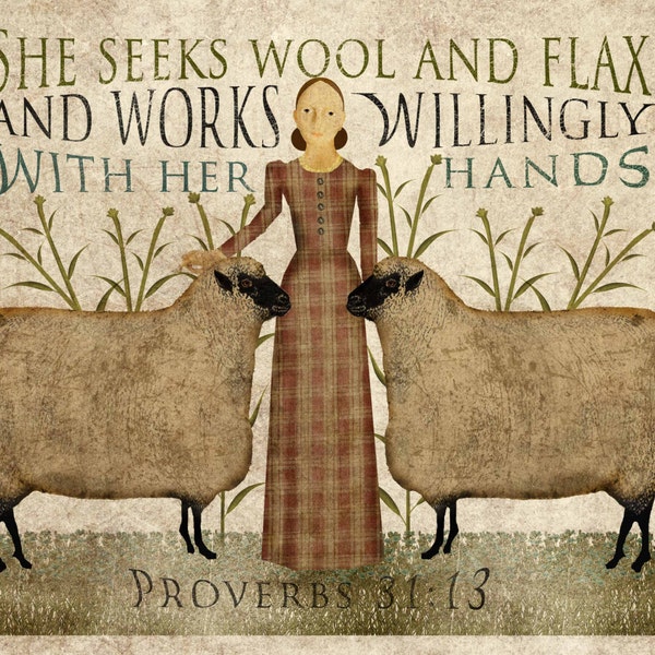 Primitive folk Art, Wool and Flax Art, 8.5x11, download, print
