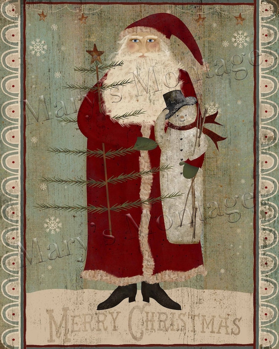 Primitive Santa with snowman, 8x10, printable download