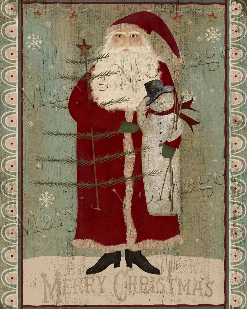 Peut inclure: Une illustration de No&euml;l de style vintage repr&eacute;sentant le P&egrave;re No&euml;l en costume rouge avec des bordures de fourrure blanche, tenant un sapin de No&euml;l avec une &eacute;toile au sommet. Il est debout &agrave; c&ocirc;t&eacute; d'un bonhomme de neige portant un chapeau haut de forme noir et tenant un b&acirc;ton. L'arri&egrave;re-plan est bleu clair avec des flocons de neige et le texte "Joyeux No&euml;l" est en bas.