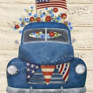 May include: A blue vintage pickup truck with red, white, and blue bunting and an American flag on the back. The truck is decorated with red, white, and blue flowers.