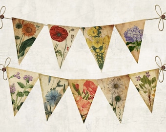 May include: A vintage-style floral bunting with 10 triangular flags. Each flag features a different botanical illustration, including hydrangeas, roses, daisies, and other flowers. The flags are connected by a string and are perfect for adding a touch of rustic charm to any party or event.