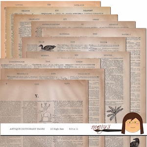 Antique Dictionary Pages, High Res Scans, 10 pages