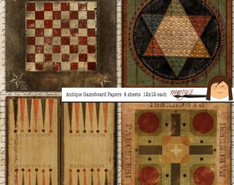 May include: Four vintage game board designs, each measuring 12x12 inches. The designs include checkers, Chinese checkers, backgammon, and parcheesi. The boards are printed on aged paper with a distressed look.
