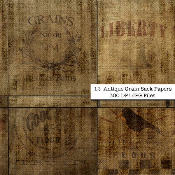 12 Antique Grain Sack Scrapbook Papers  12x12 Download digital files