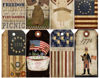 Primitive Americana, Print Sheet, 8 tags, Printable, Download