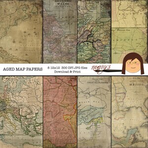 May include: Set of eight vintage-style map papers, each featuring a different region of the world. The maps are in shades of brown, green, and red, with black outlines. The papers are 12 inches by 12 inches and 300 DPI.