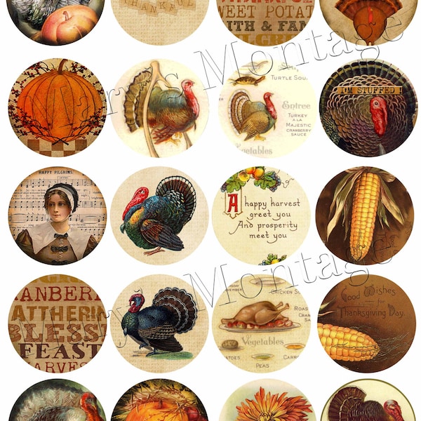 VIntage Thanksgiving Sheet of 20-  2 Inch circle graphics Download & Print