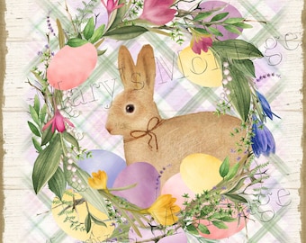 Happy Easter Wreath with Rabbit, 8x10 printable download.