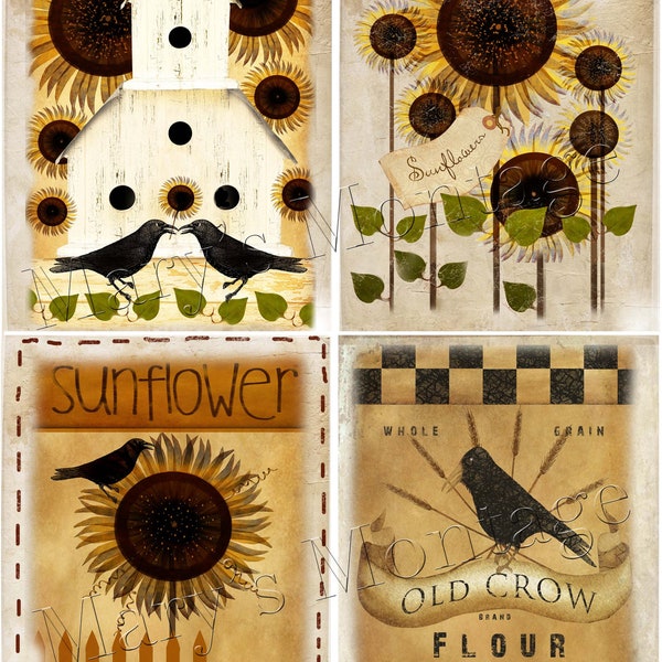 Sunflowers & Crows Art sheet for card making   Download