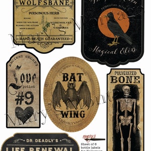 May include: A sheet of six vintage-style bottle labels for Halloween. The labels feature illustrations of a werewolf, bat, raven, skeleton, and a heart with the number nine. The labels are printed on a parchment-like paper with a distressed look.