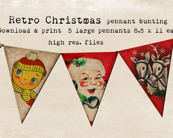 Retro Christmas Bunting flags You Print 5 8.5x11 files