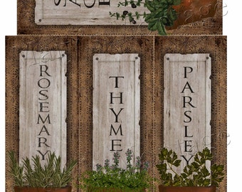 May include: Three terracotta pots with herbs growing in them. The pots are hanging from a wooden shelf with labels that read "Sage", "Rosemary", "Thyme", and "Parsley".