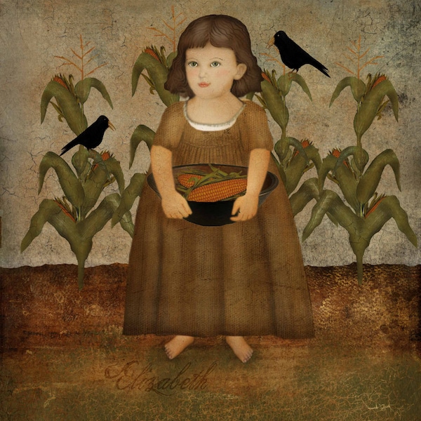 Elizabeth in the Cornfield, Original digital art,  Folk Art, Download 8x10