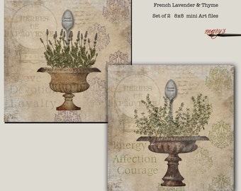 May include: Two vintage-style 8x8 inch art prints featuring a rustic background with a decorative urn filled with herbs. The first print features lavender and the text "HERBES DE PROVENCE" and "Love Devotion Loyalty". The second print features thyme and the text "HERBES DE PROVENCE" and "Energy Affection Courage".