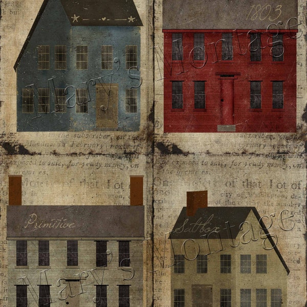 Primitive, Saltbox Houses, Art sheet, Instant download