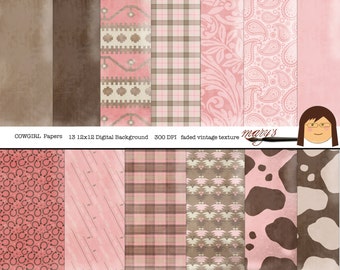 CowGirl papers, Digital, 12x12, background Scrapbook papers, Instant download