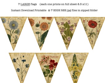 Botanical Vintage Flower Bunting, Large, Instant Download, Printable