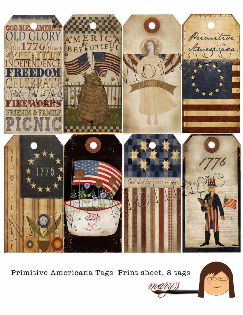 Primitive Americana Print Sheet 8 Tags Printable Download Etsy