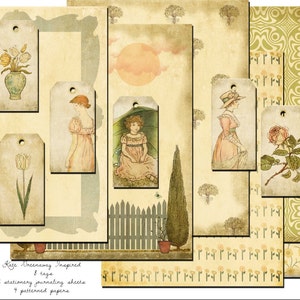 Kate Greenaway Inspired, tags, journaling sheets, patterned papers, Digital Download