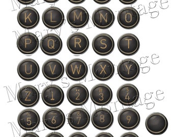 May include: Black and gold typewriter keys with letters, numbers, and symbols. The keys are arranged in rows and columns on a white background. The keys are circular with a raised, gold-coloured letter or symbol on each key.